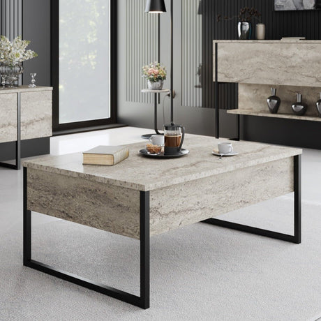 Coffee tables - Rectangular Coffee Table Travertine Luxury 90x60 - Black Frame - Dimehouse