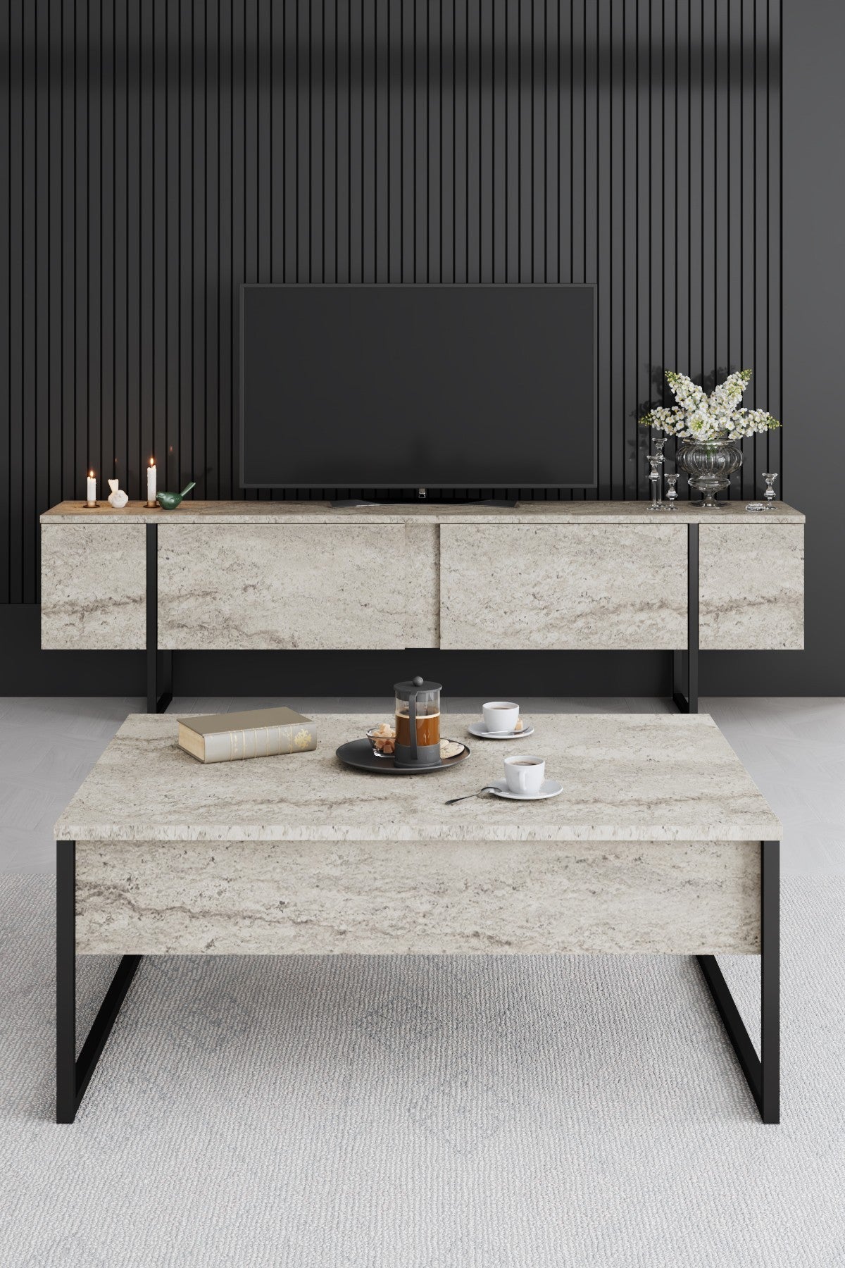 Coffee tables - Rectangular Coffee Table Travertine Luxury 90x60 - Black Frame - Dimehouse