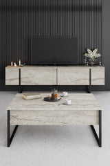 Coffee tables - Rectangular Coffee Table Travertine Luxury 90x60 - Black Frame - Dimehouse