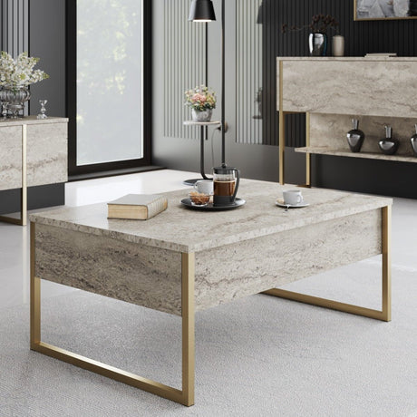 Coffee tables - Rectangular Coffee Table Travertine Luxury 90x60 - Golden Frame - Dimehouse