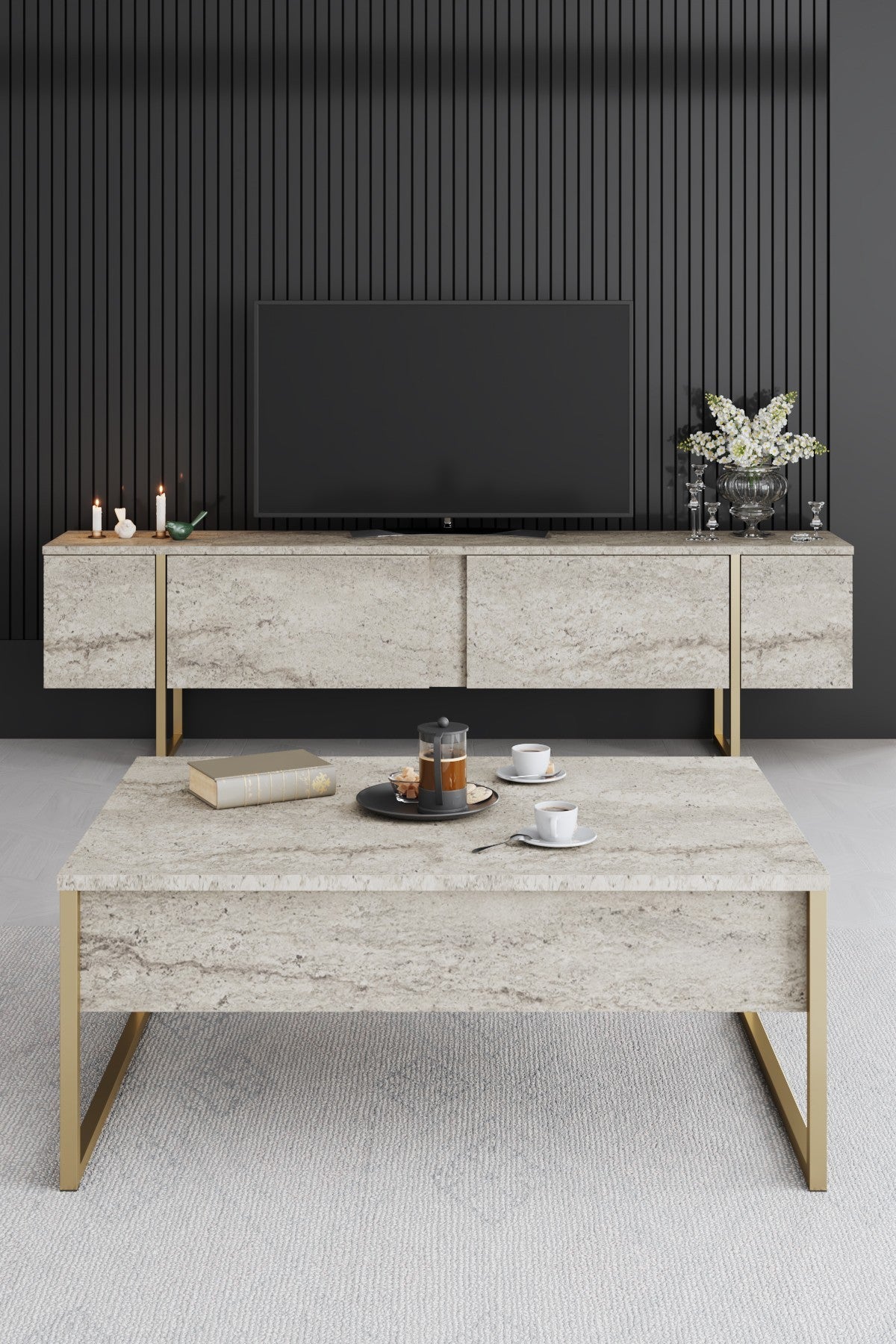 Coffee tables - Rectangular Coffee Table Travertine Luxury 90x60 - Golden Frame - Dimehouse
