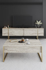 Coffee tables - Rectangular Coffee Table Travertine Luxury 90x60 - Golden Frame - Dimehouse
