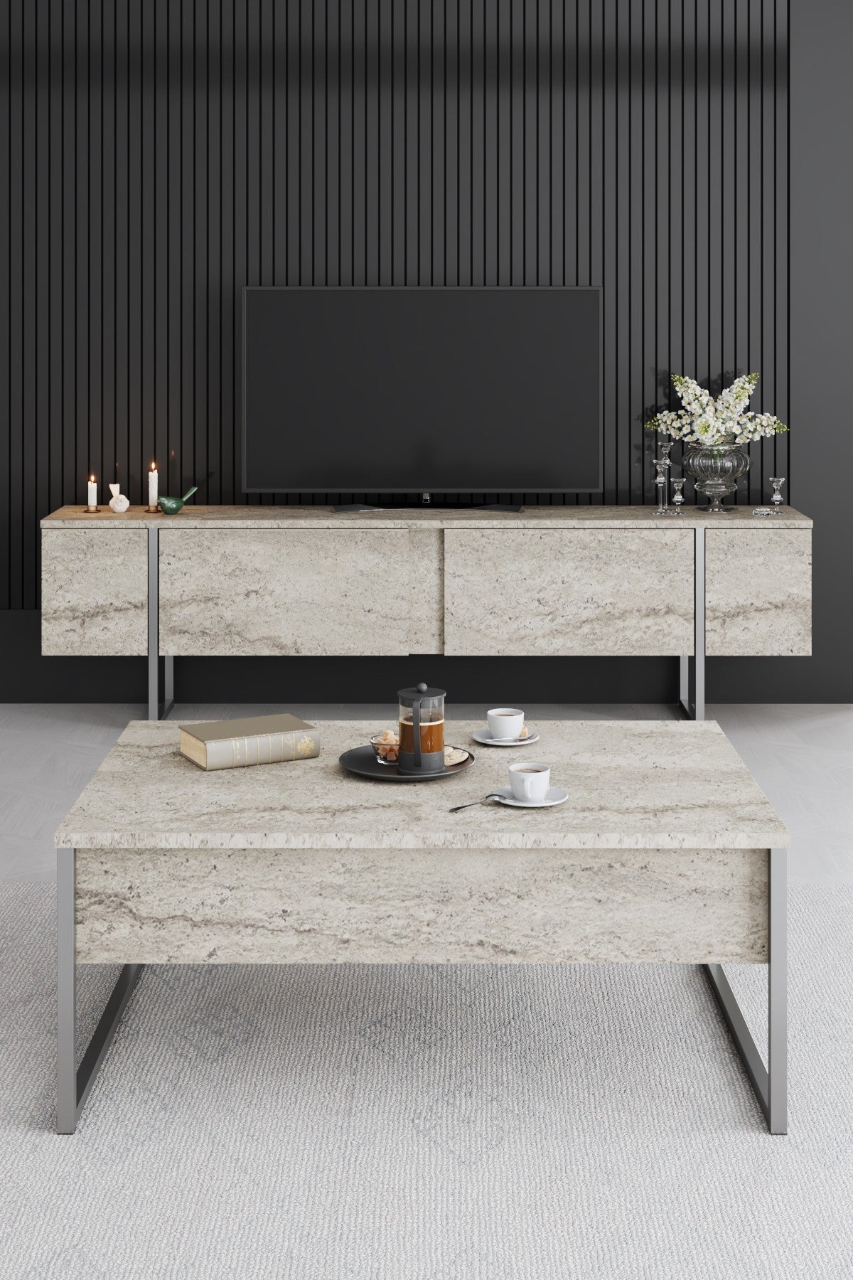 Coffee tables - Rectangular Coffee Table Travertine Luxury 90x60 - Silver Frame - Dimehouse