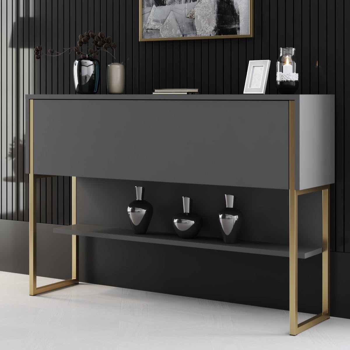 Sideboards - Modern Sideboard Anthracite Luxury 120x80x30 - Golden Frame - One Compartment - Dimehouse