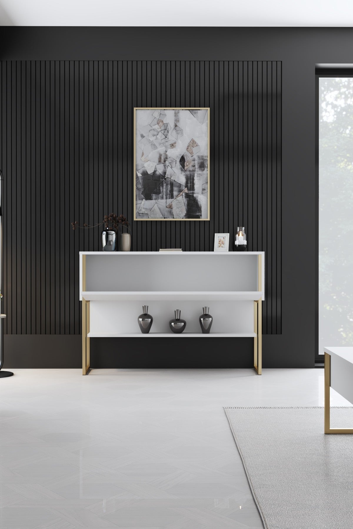 Sideboards - Modern Sideboard White Luxury 120x80x30 - Golden Frame - One Compartment - Dimehouse