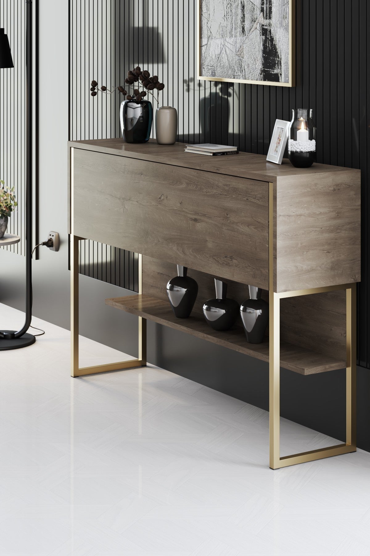Sideboards - Modern Sideboard Walnut Luxury 120x80x30 - Golden Frame - One Compartment - Dimehouse