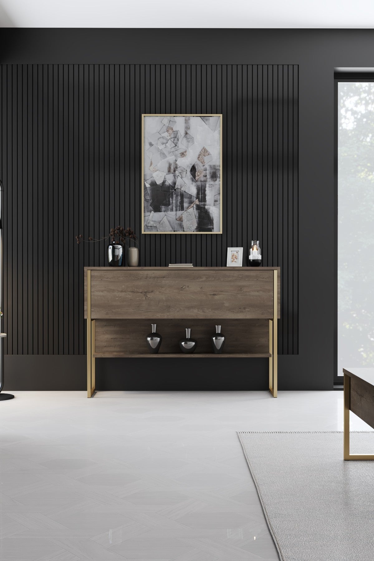 Sideboards - Modern Sideboard Walnut Luxury 120x80x30 - Golden Frame - One Compartment - Dimehouse