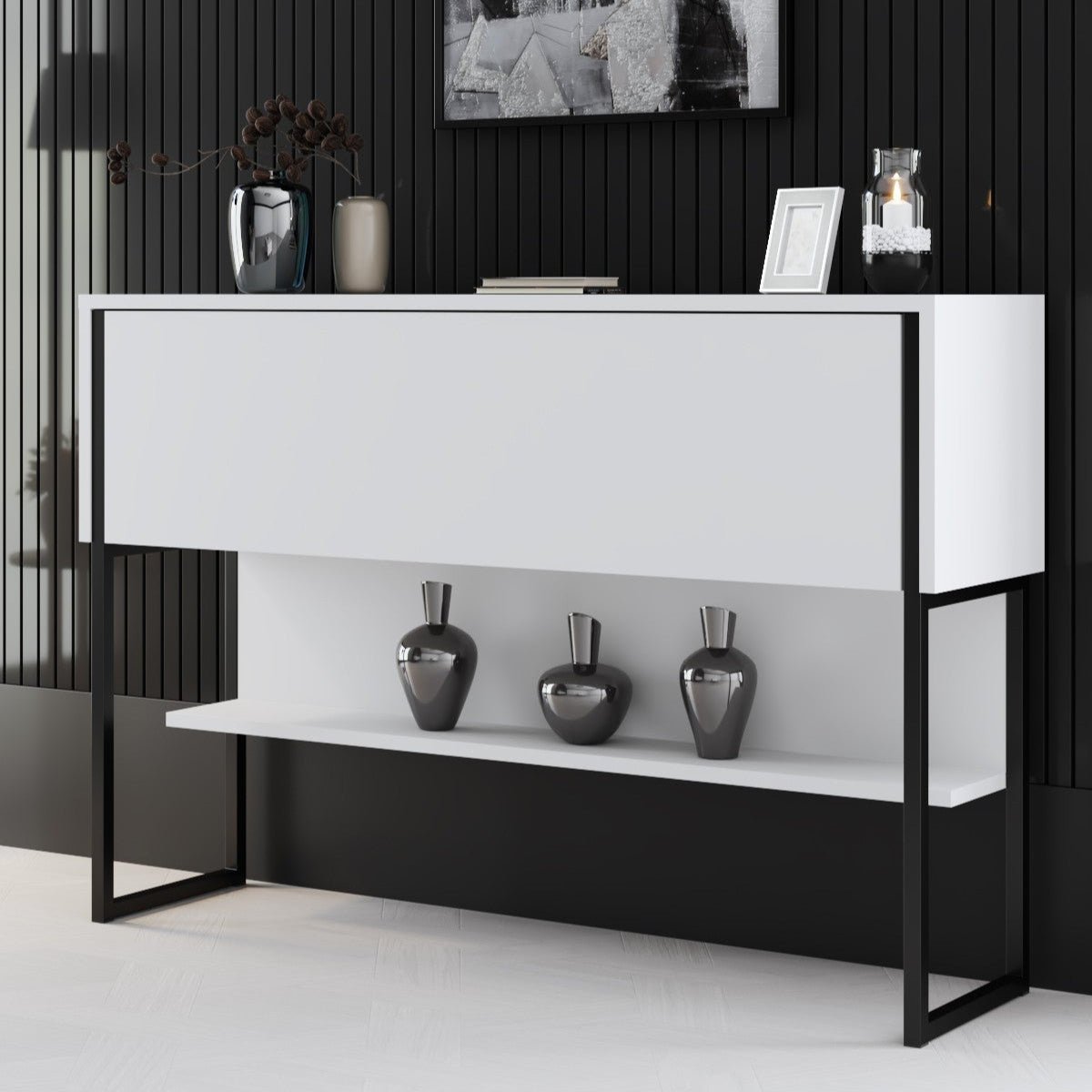 Sideboards - Modern Sideboard White Luxury 120x80x30 - Black Frame - One Compartment - Dimehouse