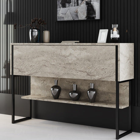 Sideboards - Modern Sideboard Travertine Luxury 120x80x35 - Black Frame - One Compartment - Dimehouse