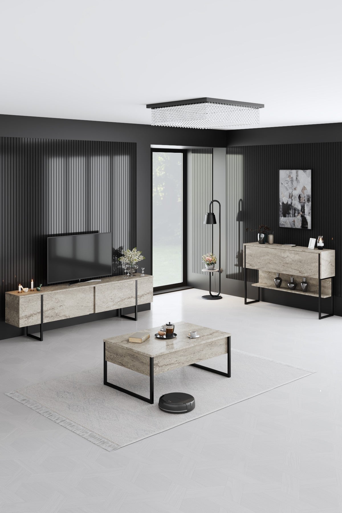 Sideboards - Modern Sideboard Travertine Luxury 120x80x35 - Black Frame - One Compartment - Dimehouse