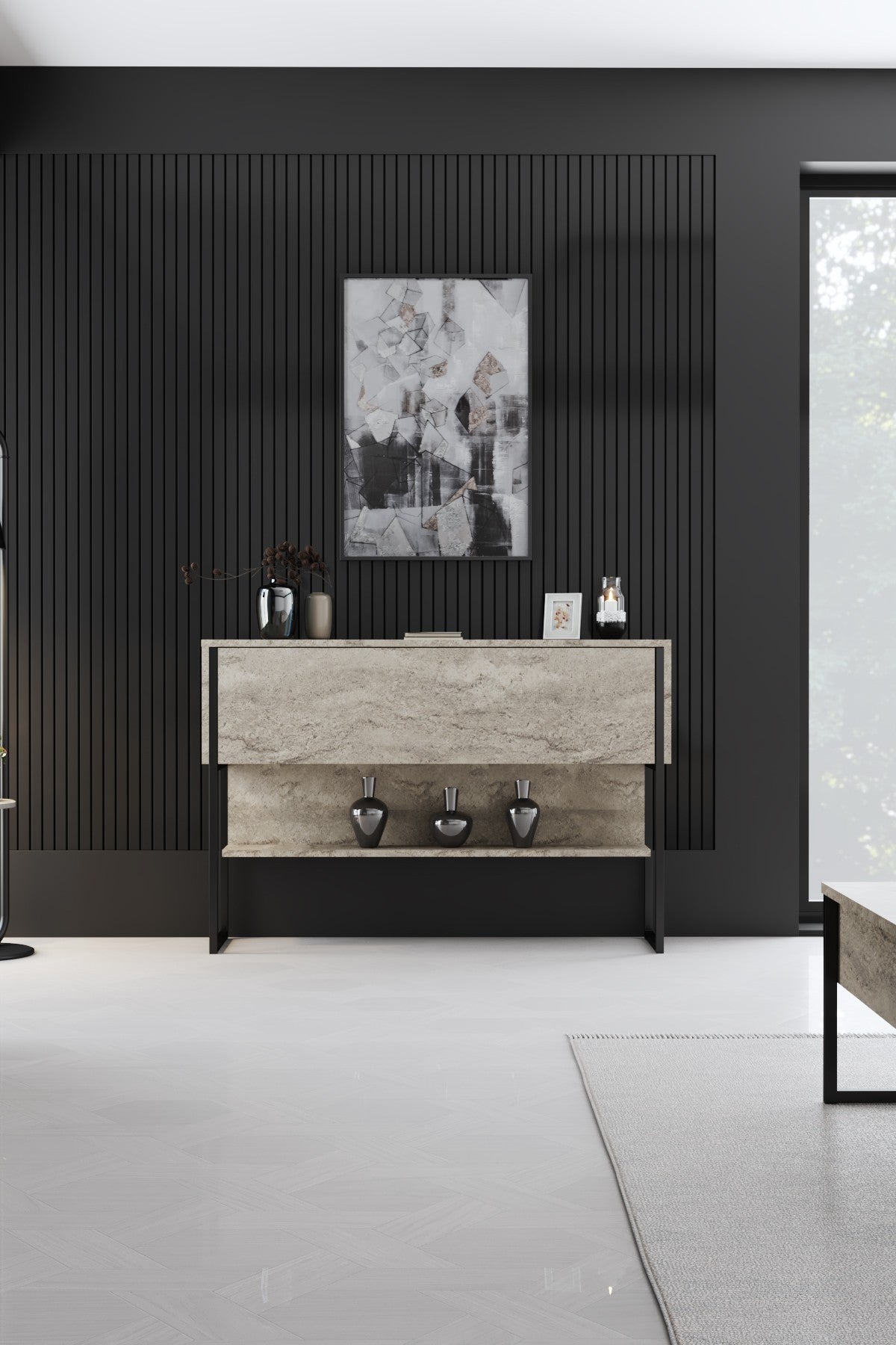 Sideboards - Modern Sideboard Travertine Luxury 120x80x35 - Black Frame - One Compartment - Dimehouse