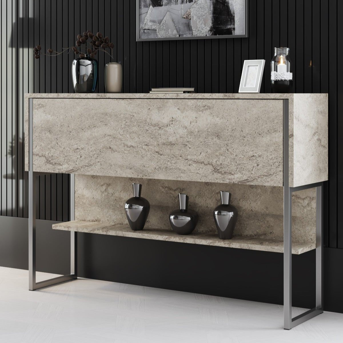 Sideboards - Modern Sideboard Travertine Luxury 120x80x30 - Silver Frame - One Compartment - Dimehouse
