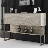 Sideboards - Modern Sideboard Travertine Luxury 120x80x30 - Silver Frame - One Compartment - Dimehouse