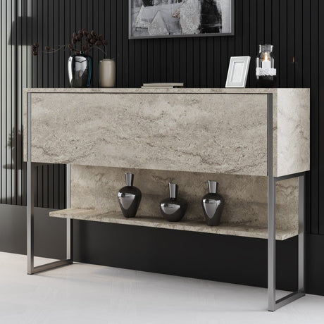 Sideboards - Modern Sideboard Travertine Luxury 120x80x30 - Silver Frame - One Compartment - Dimehouse
