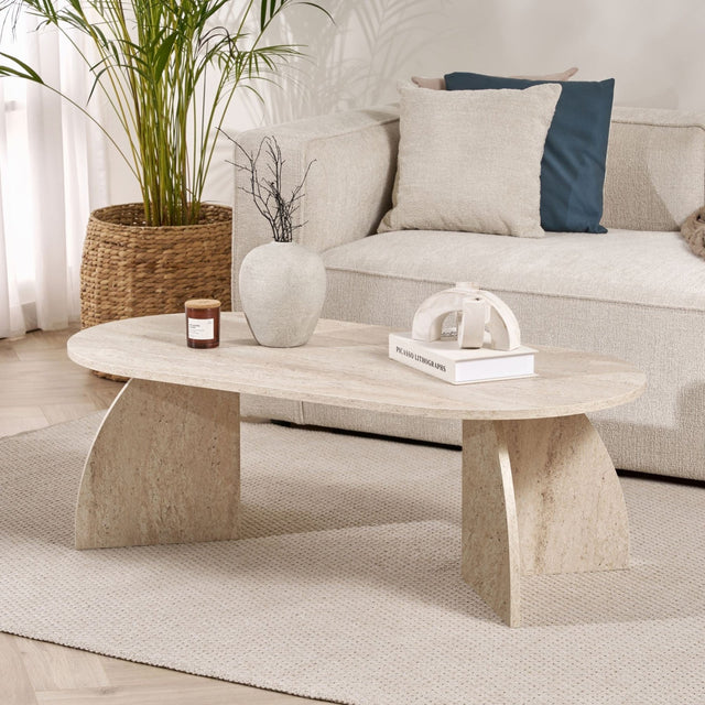 Melina coffee table travertine oval 120 cm Melamine-coated wood composite