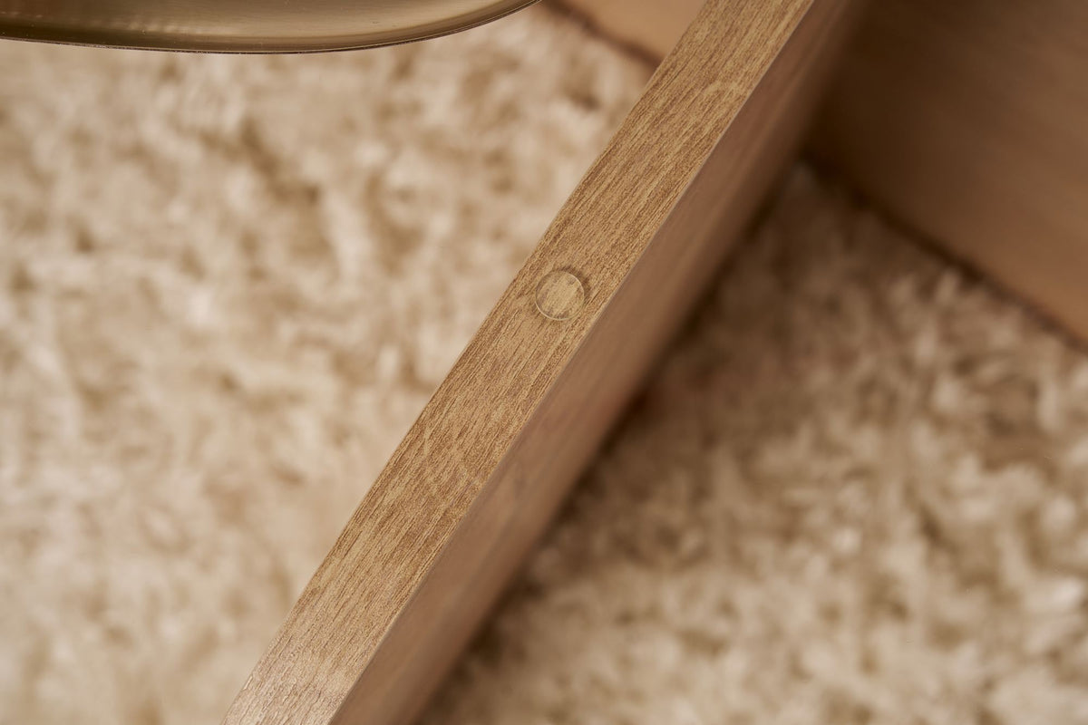Coffee tables - Round coffee table Aris oak look melamine and transparent glass 75 cm - Dimehouse
