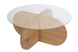 Coffee tables - Round coffee table Aris oak look melamine and transparent glass 75 cm - Dimehouse