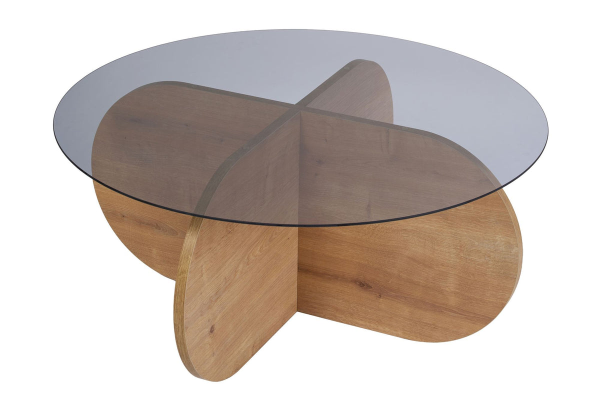 Coffee tables - Round coffee table Aris oak look melamine and smoked glass 75 cm - Dimehouse