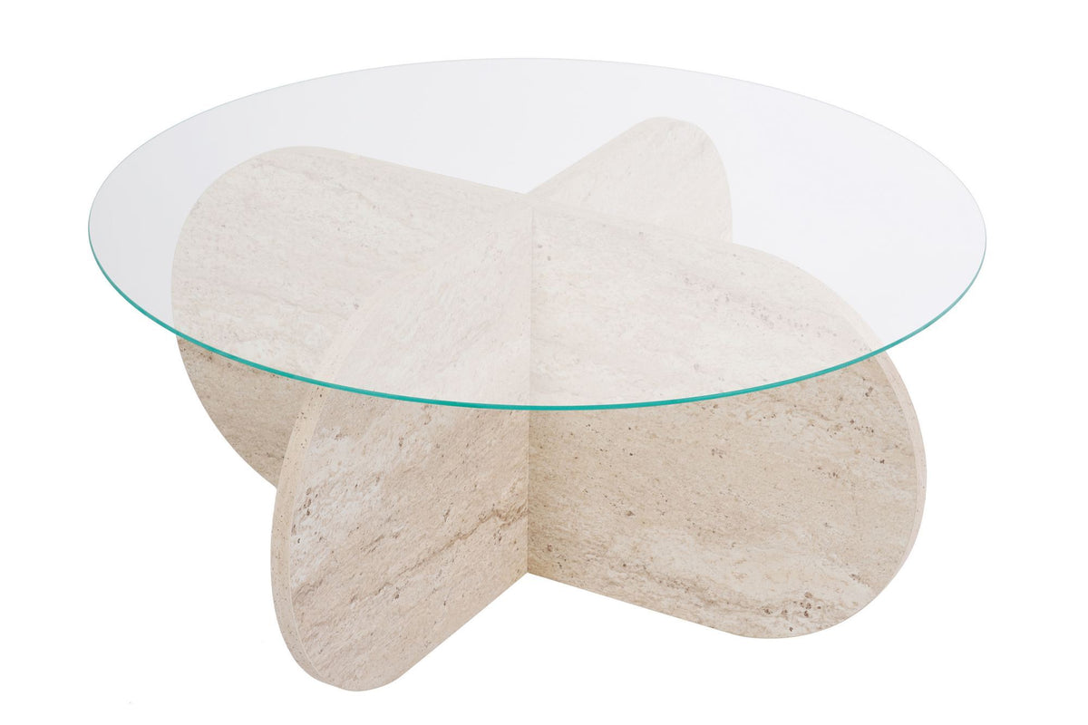 Coffee tables - Round coffee table Aris travertine melamine and transparent glass 75 cm - Dimehouse