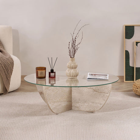Liya coffee table travertine look oval 90 cm Tempered glass