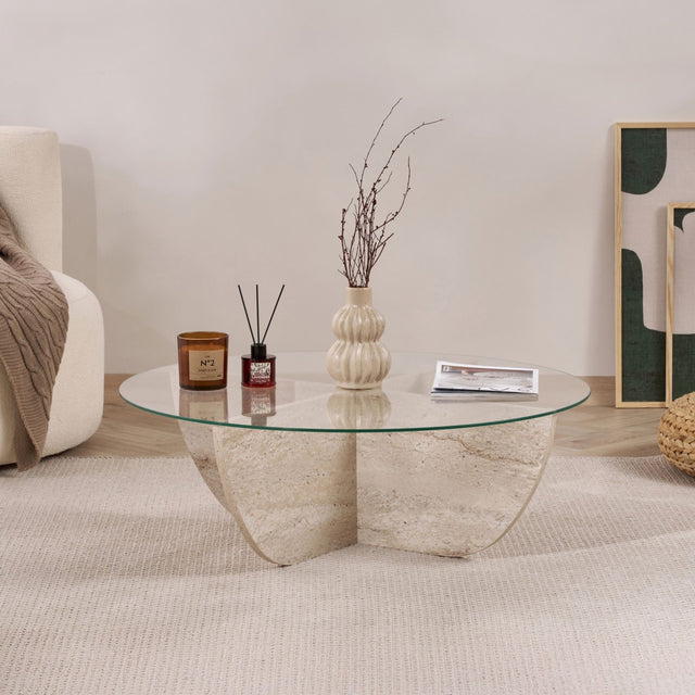 Liya coffee table travertine look oval 90 cm Tempered glass