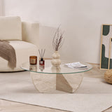 Liya coffee table travertine look oval 90 cm Tempered glass