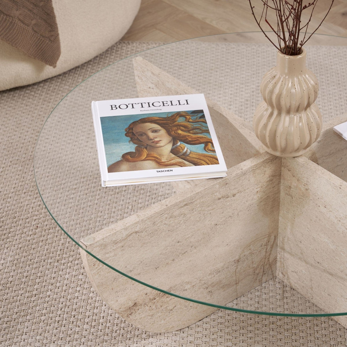 Liya coffee table travertine look oval 90 cm Tempered glass
