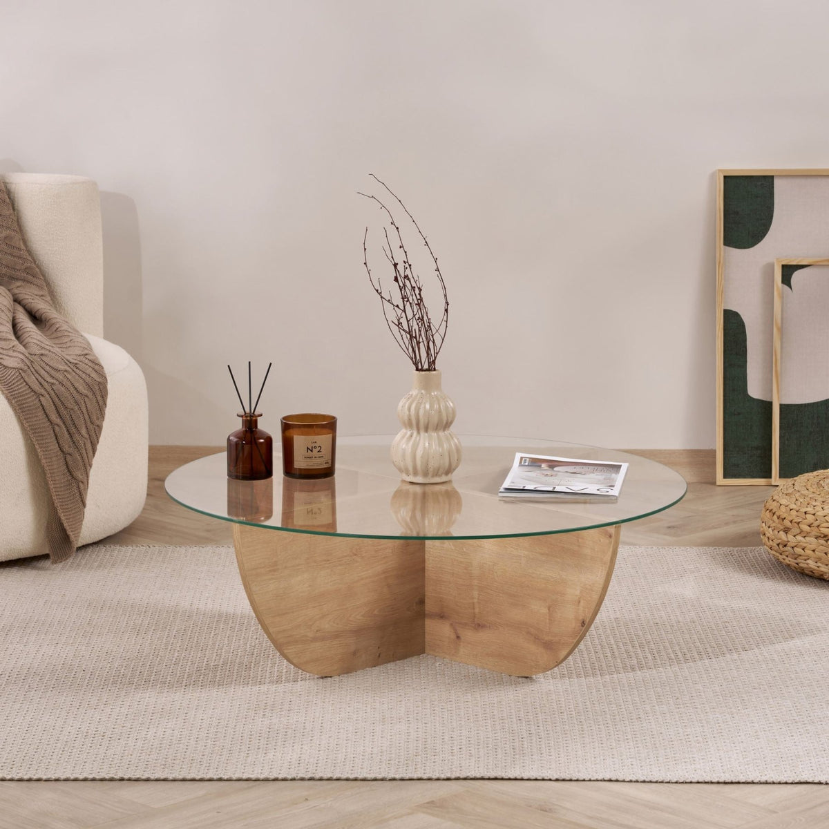 Liya coffee table Sapphire Oak oval 90 cm Tempered glass