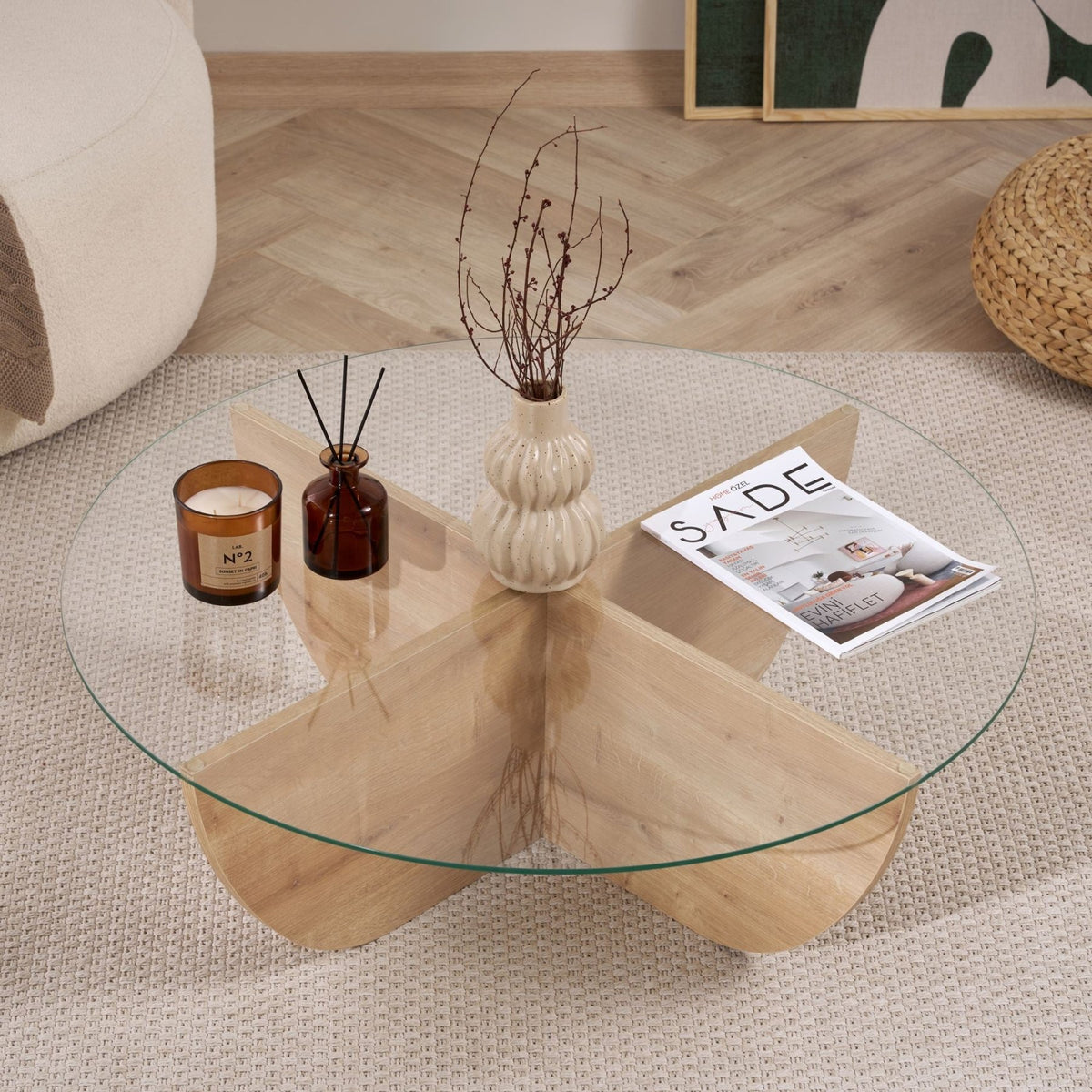 Liya coffee table Sapphire Oak oval 90 cm Tempered glass
