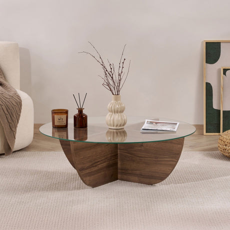 Liya coffee table walnut oval 90 cm Tempered glass