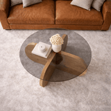 Coffee tables - Round coffee table Aris oak look melamine and smoked glass 75 cm - Dimehouse