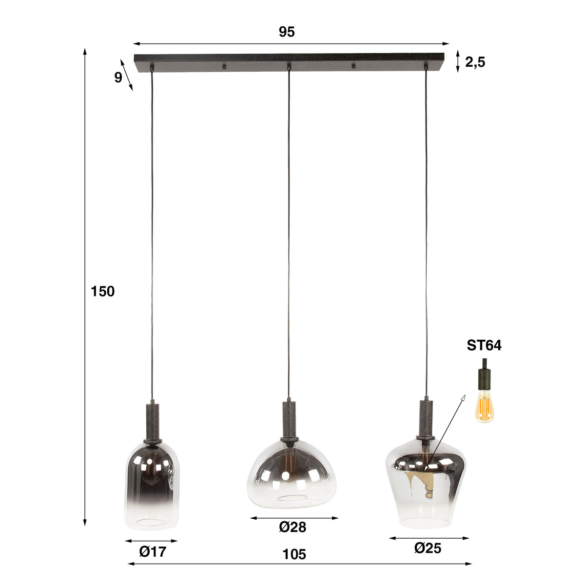 Hanging lamps - Hanging lamp Nexus 3 - light Black Metal 105 cm - Dimehouse