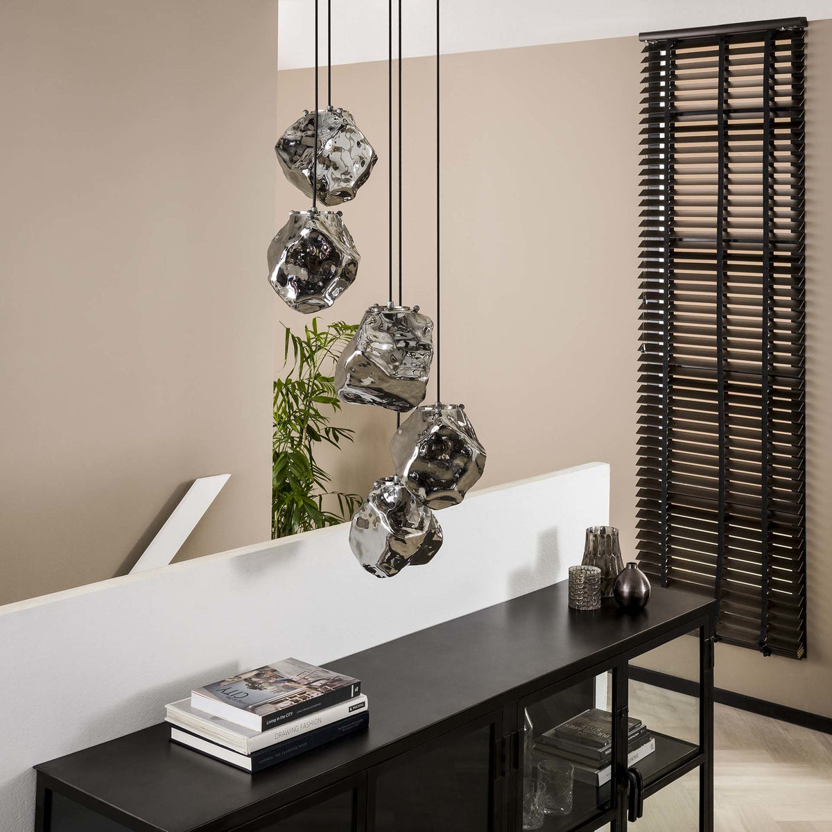 Hanging lamp Rocks DH Interior Chromed LxWxH 79x55x36 Glass Atmospheric photo diagonal front view