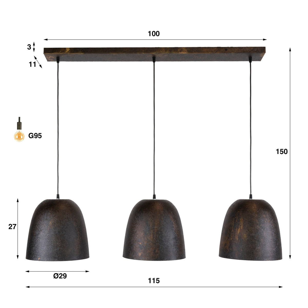 Hanging lamp-Hanging lamp Nova 3-light Smoked Brown metal-Dimehouse
