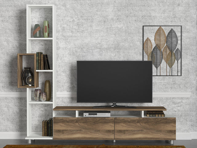 TV Furniture - TV Furniture Set Tulip White Walnut Melamine 160x166.7x29.5 cm - Dimehouse