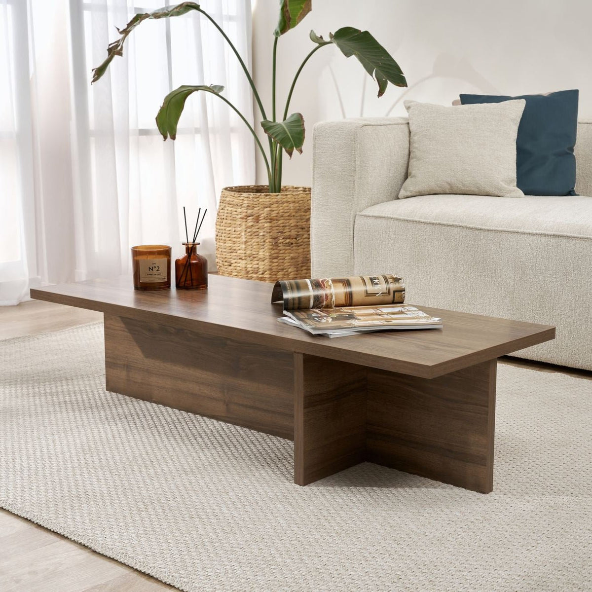 Coffee tables - Rectangular coffee table walnut melamine - 120x45x30 cm - Portland - Dimehouse