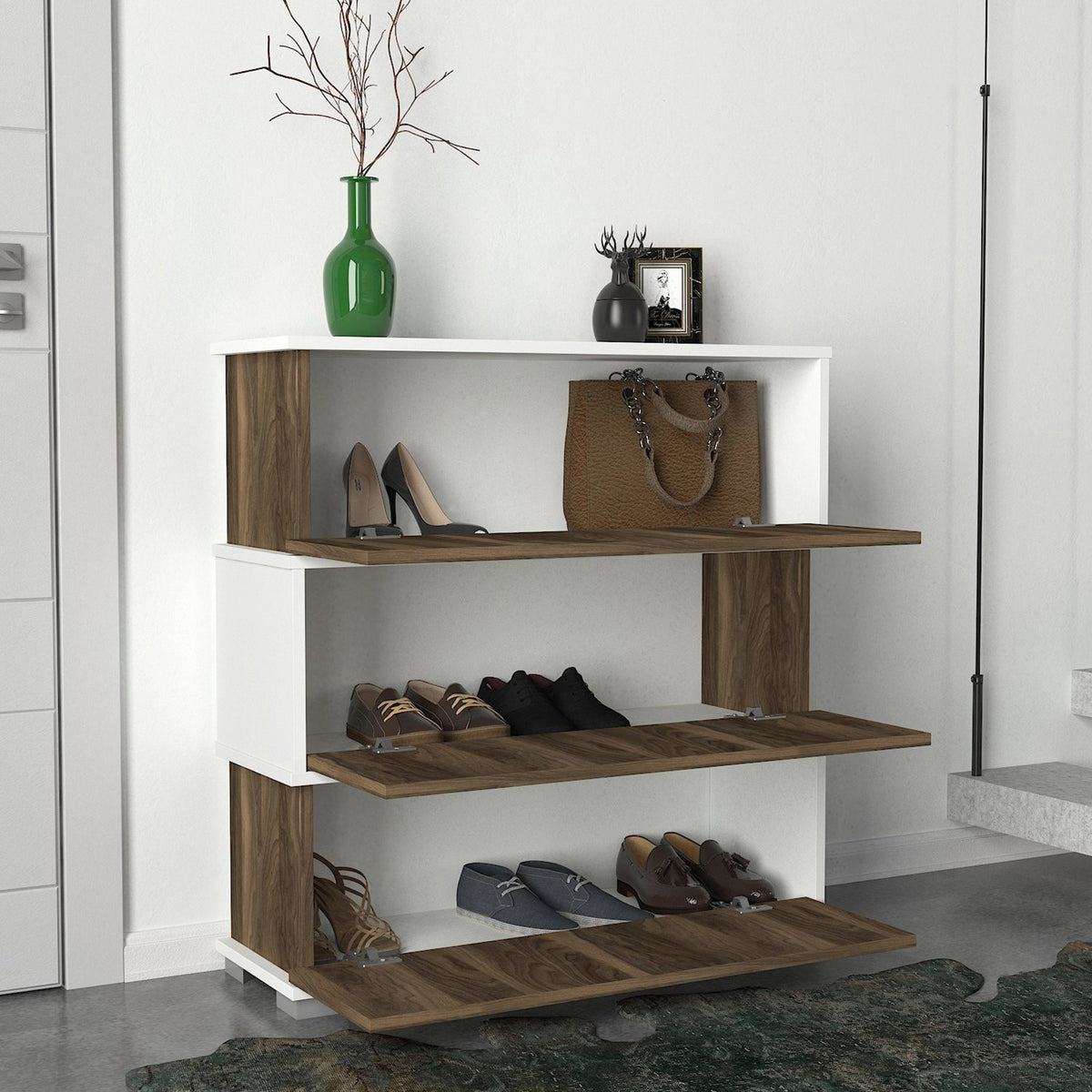 Shoe cabinets - Shoe cabinet Napolyon White Walnut Melamine 90x93x30 cm - Dimehouse