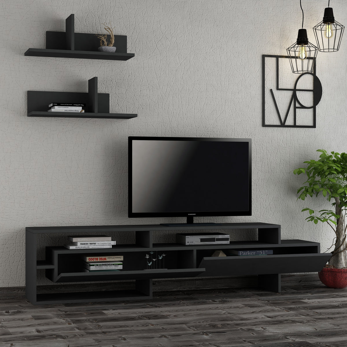 TV Furniture - TV Furniture Set Gara Anthracite Melamine 180x42x32 cm - Dimehouse
