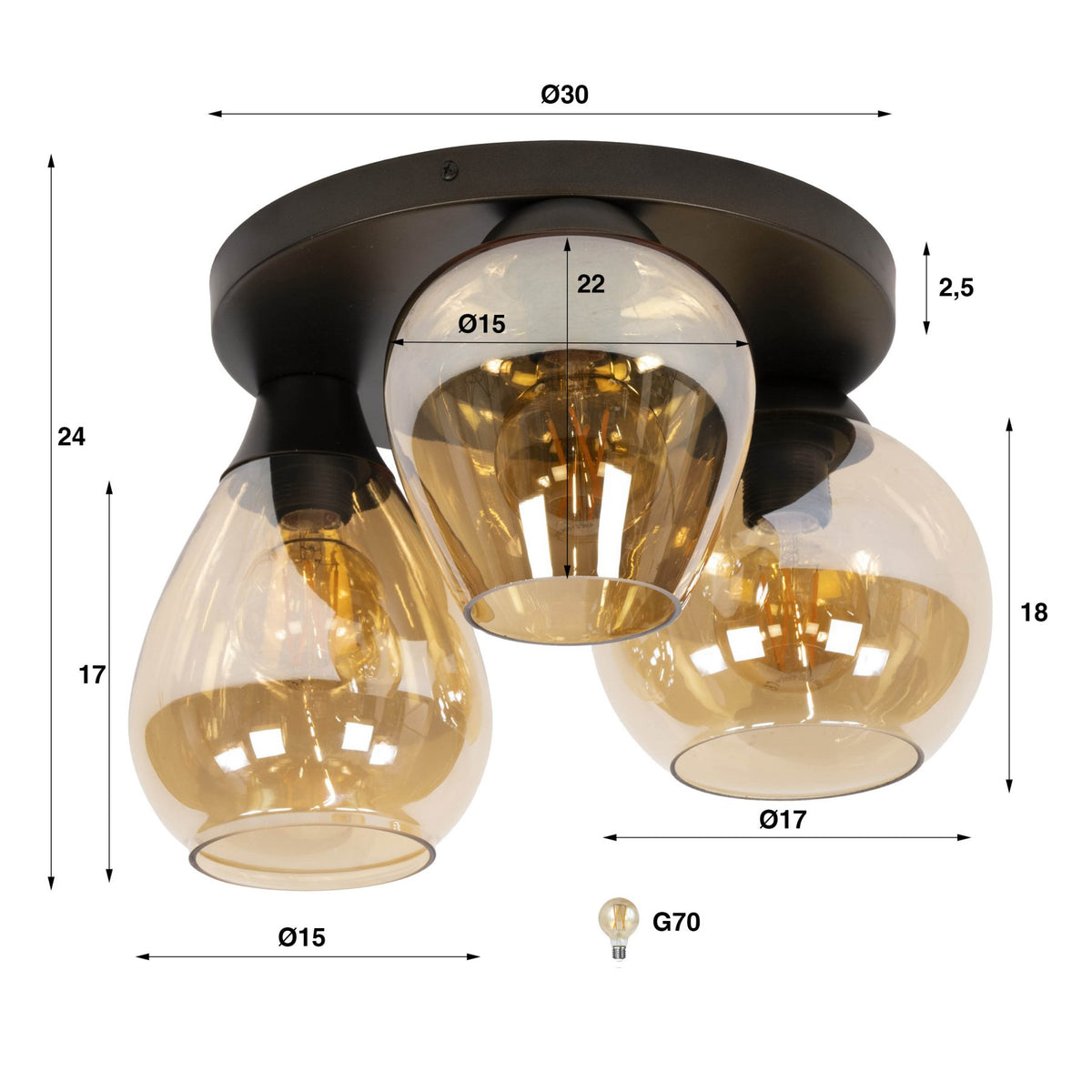 Ceiling lamp - Modern ceiling lamp 3 - light Felien amber glass - Dimehouse