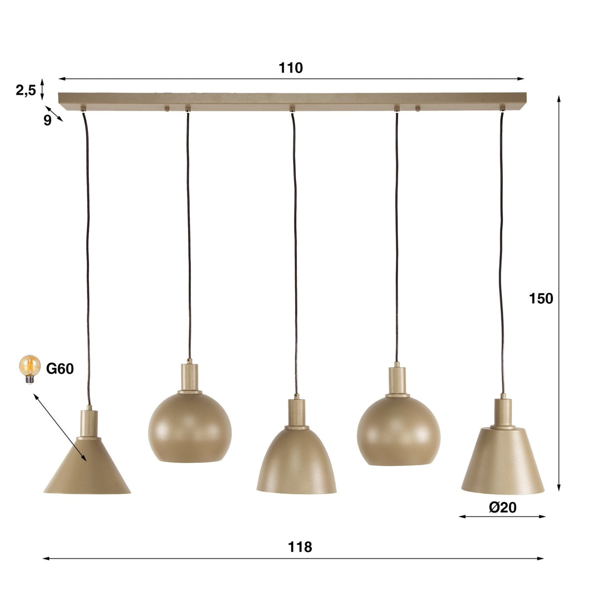 Hanging lamps - Hanging lamp Sienna 5 - light Beige 120 cm - Dimehouse