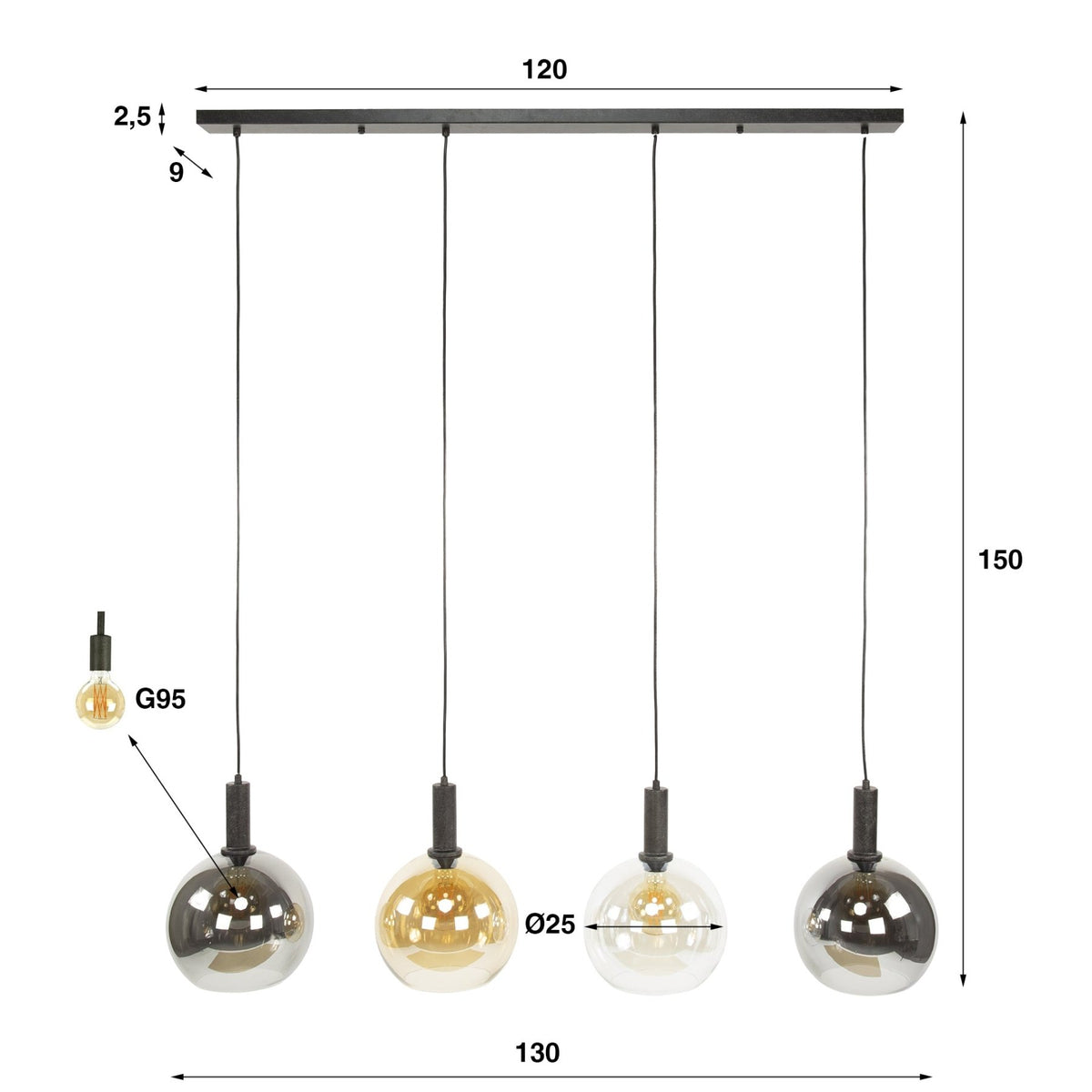 Hanging lamps - Hanging lamp 4 - light colored glass black metal Valeo 135 cm - Dimehouse