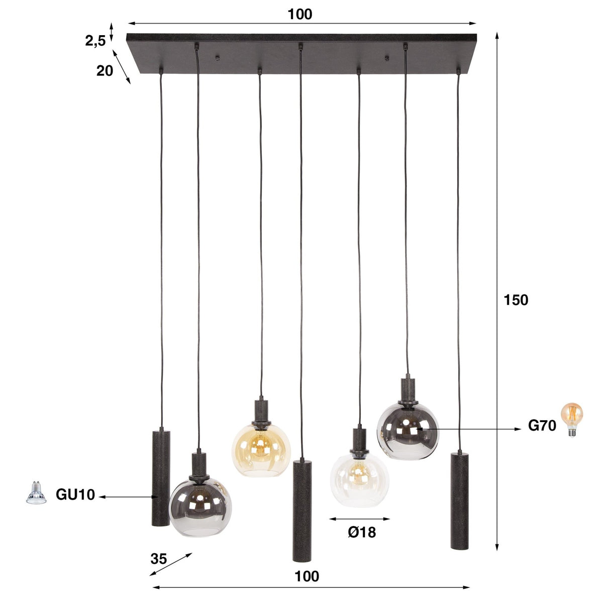 Hanging lamps - Hanging lamp 7 - light colored glass black metal Valeo 110 cm - Dimehouse