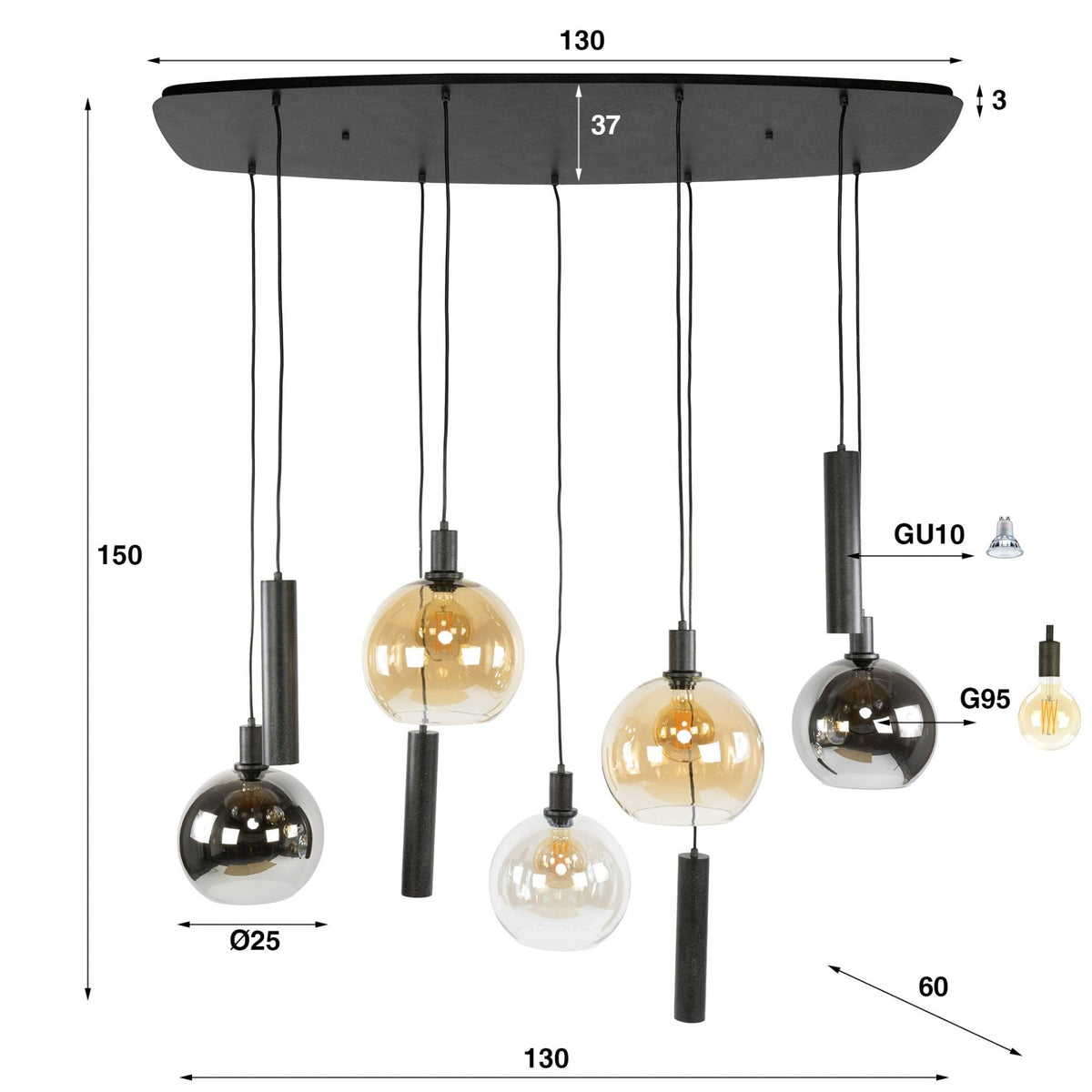 Hanging lamps - Hanging lamp 9 - light colored glass black metal Valeo 110 cm - Dimehouse