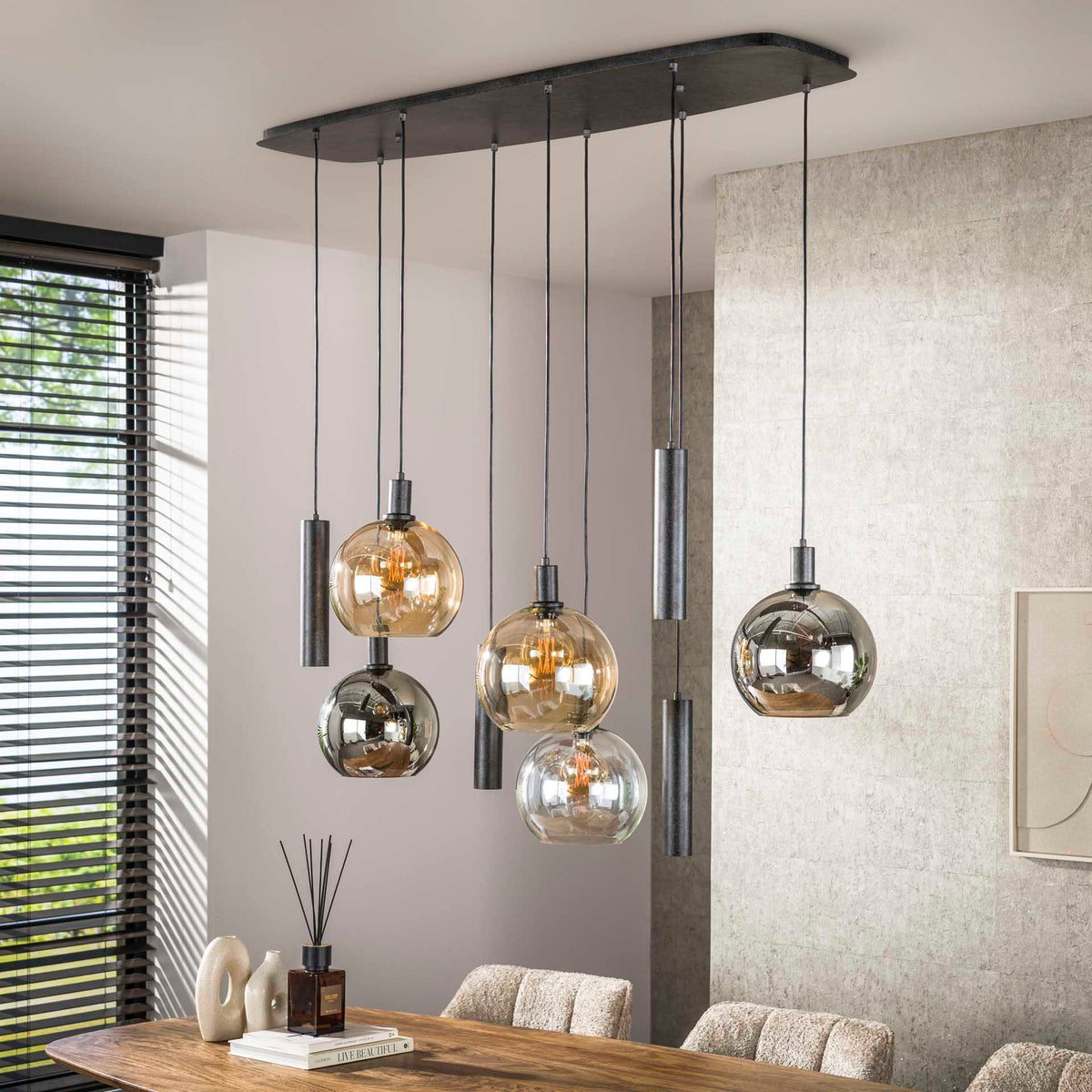 Hanging lamps - Hanging lamp 9 - light colored glass black metal Valeo 110 cm - Dimehouse