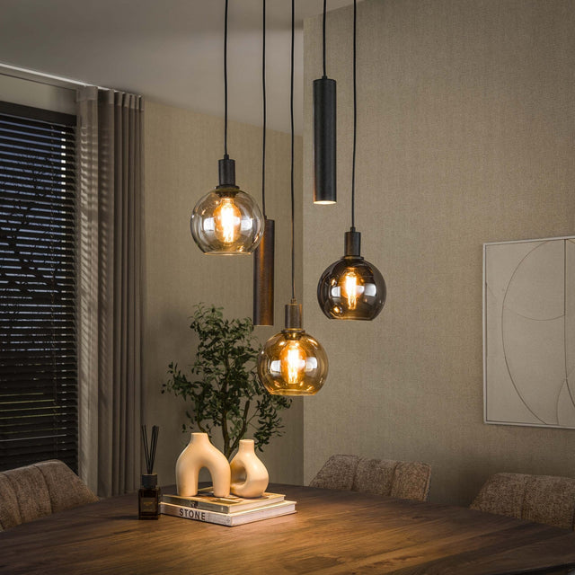 Hanging lamps - Hanging lamp 5 - light stepped colored glass black metal Valeo - Dimehouse