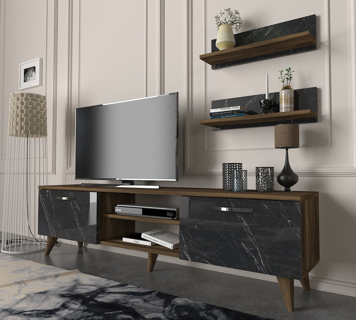 TV Furniture - TV Furniture Set Ayden Walnut Marble Melamine 150x40.6x29.5 cm - Dimehouse