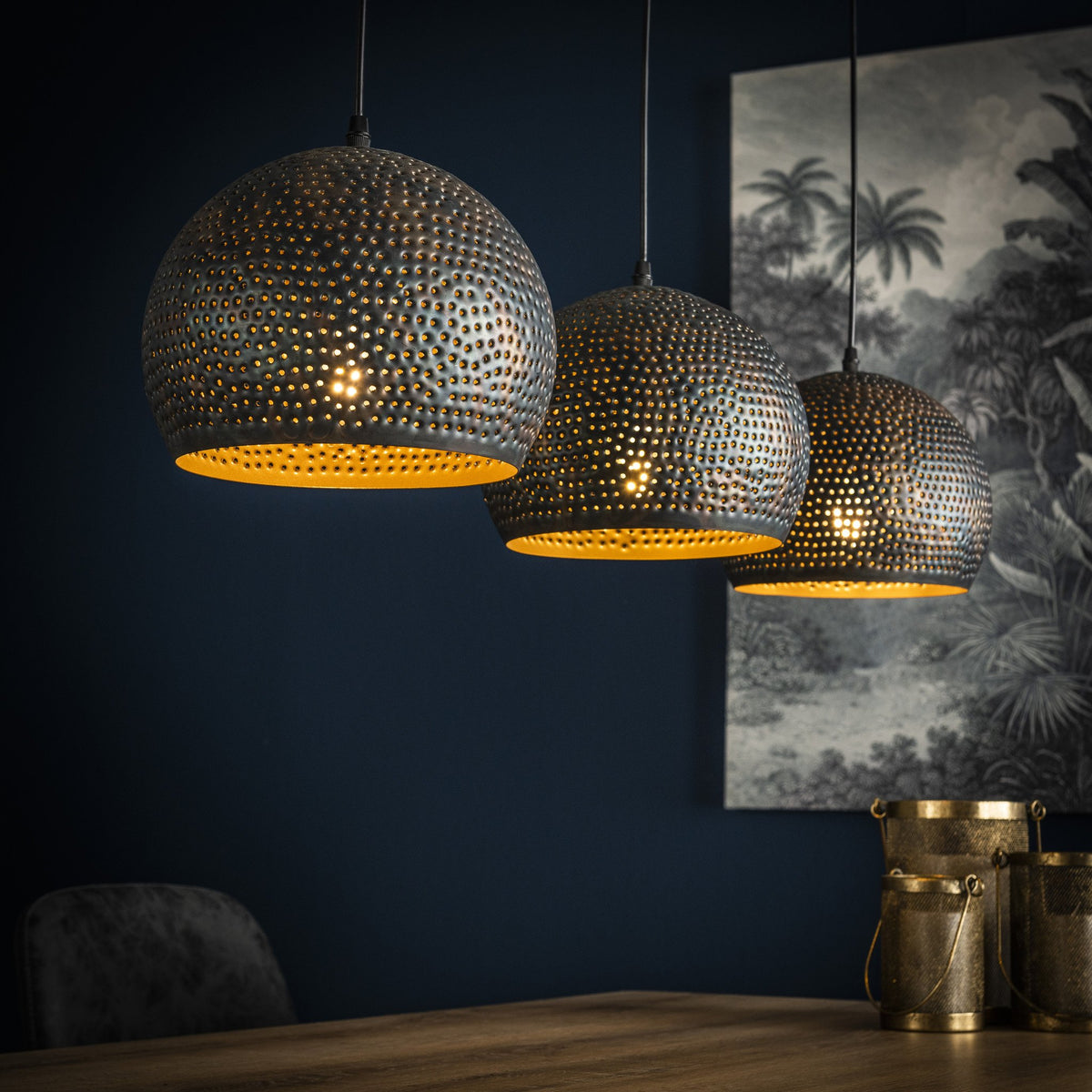 Hanging lamp Aya 3 Sphere DH Interior Brown LxWxH 87x33x27 Black brown Atmospheric photo diagonal front view
