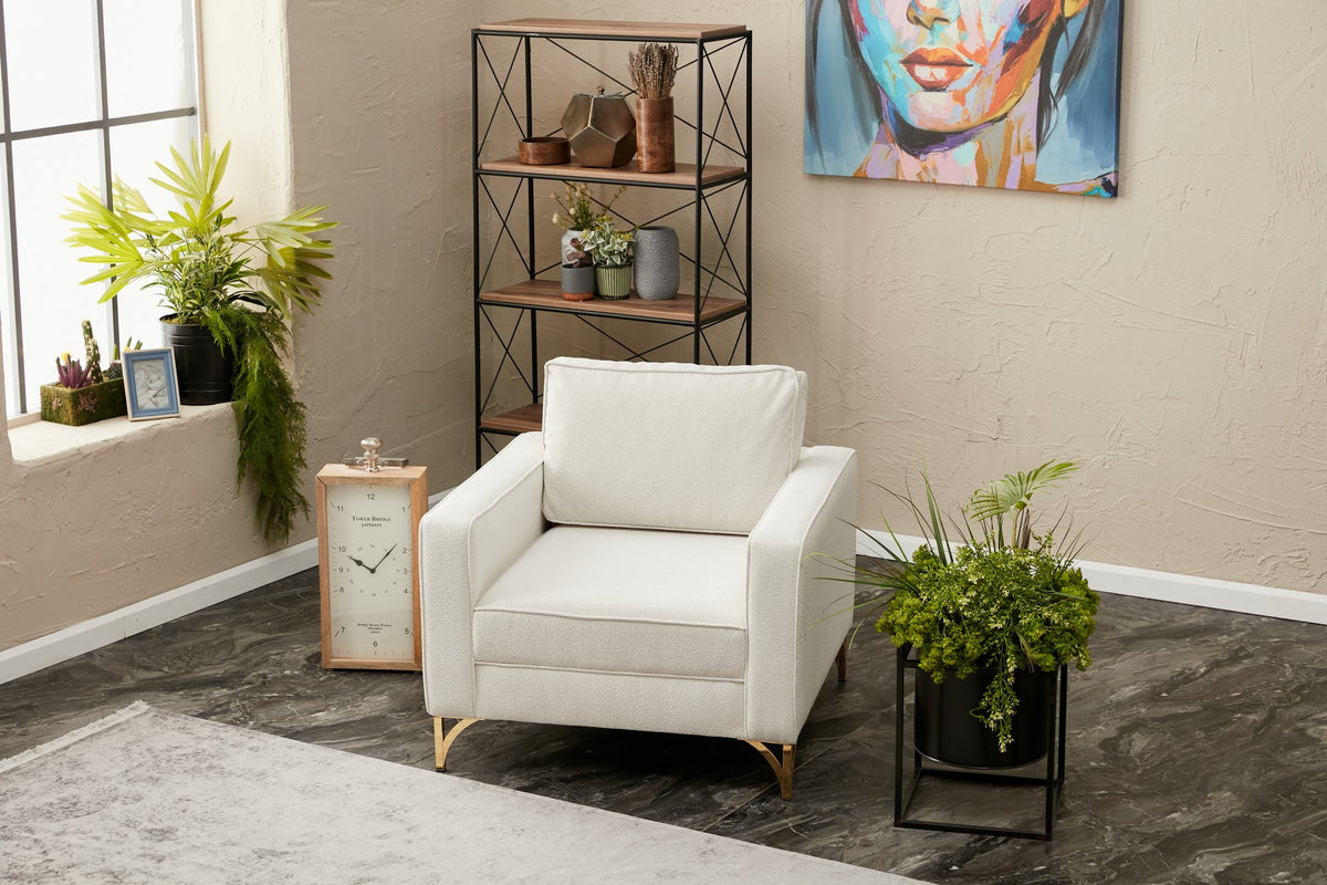 Armchairs - Modern armchair cream bouclé fabric with gold chair legs Berlin - Dimehouse