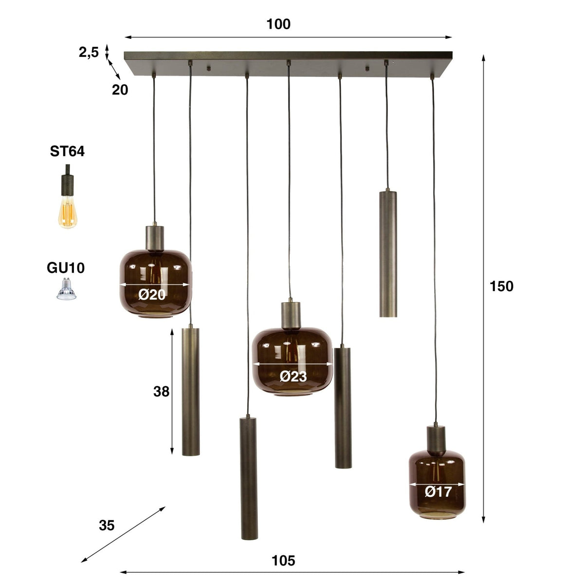 Hanging lamps - Hanging lamp Dax 7 - light bronze 105 cm - Dimehouse