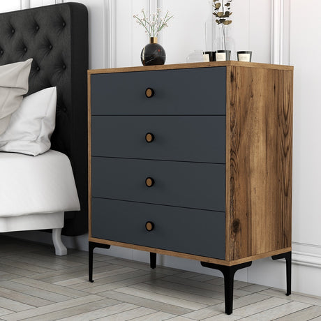 Chests of drawers - Chest of drawers Lizbon Walnut Anthracite Melamine 76x90.7x40 cm - 4 drawers - Dimehouse